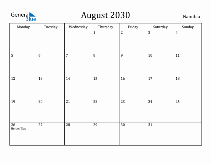 August 2030 Calendar Namibia