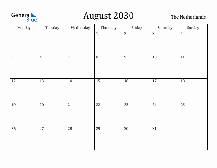 August 2030 Calendar The Netherlands
