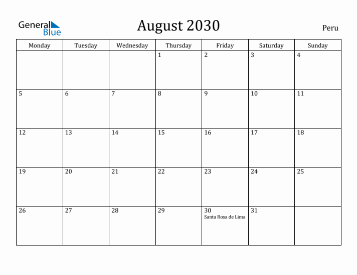 August 2030 Calendar Peru