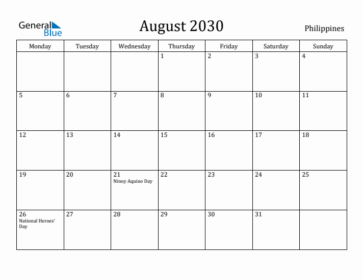 August 2030 Calendar Philippines