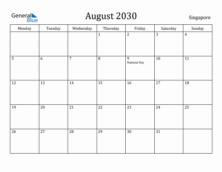 August 2030 Calendar Singapore