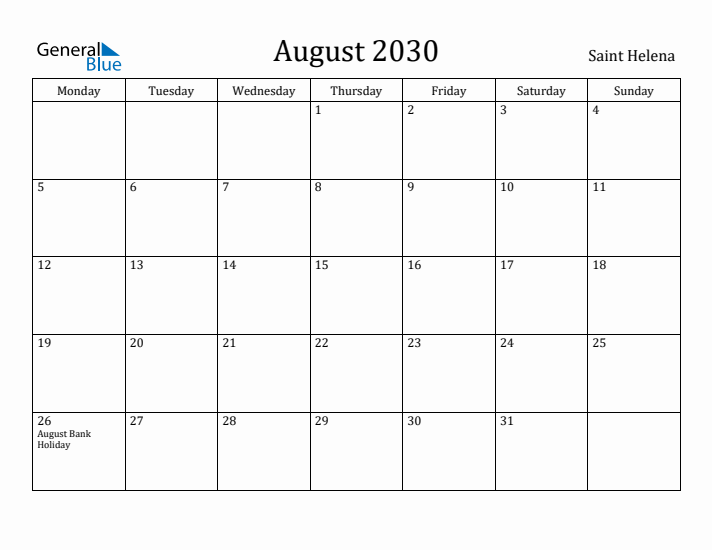 August 2030 Calendar Saint Helena