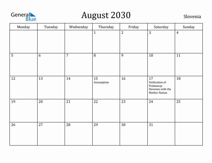 August 2030 Calendar Slovenia