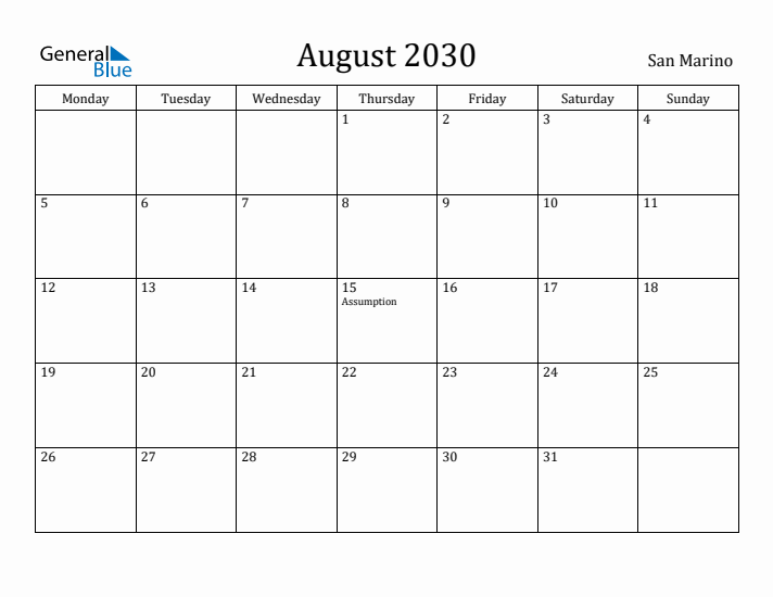 August 2030 Calendar San Marino