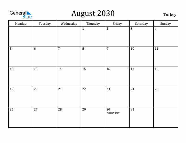 August 2030 Calendar Turkey