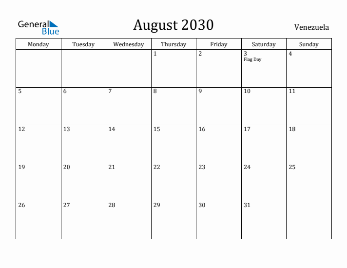 August 2030 Calendar Venezuela