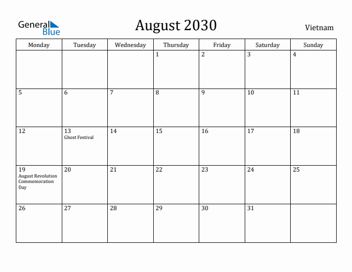 August 2030 Calendar Vietnam