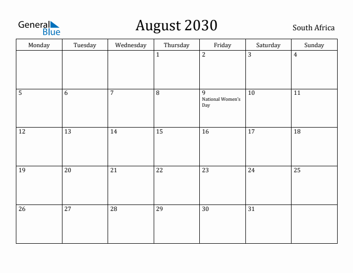 August 2030 Calendar South Africa