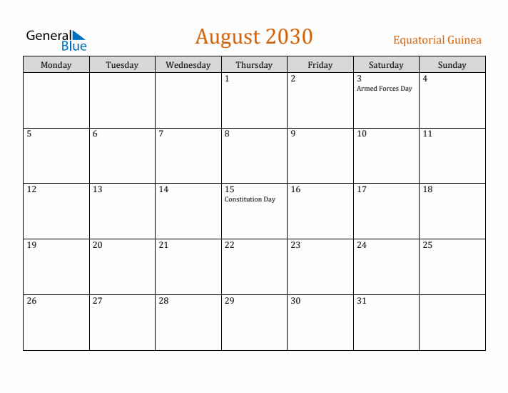 August 2030 Holiday Calendar with Monday Start