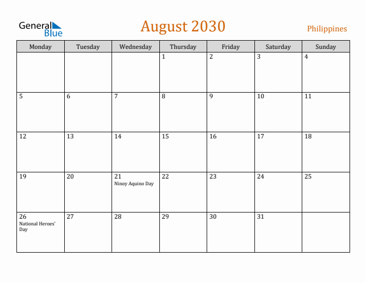 August 2030 Holiday Calendar with Monday Start