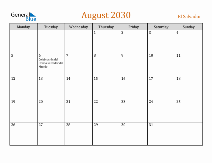 August 2030 Holiday Calendar with Monday Start