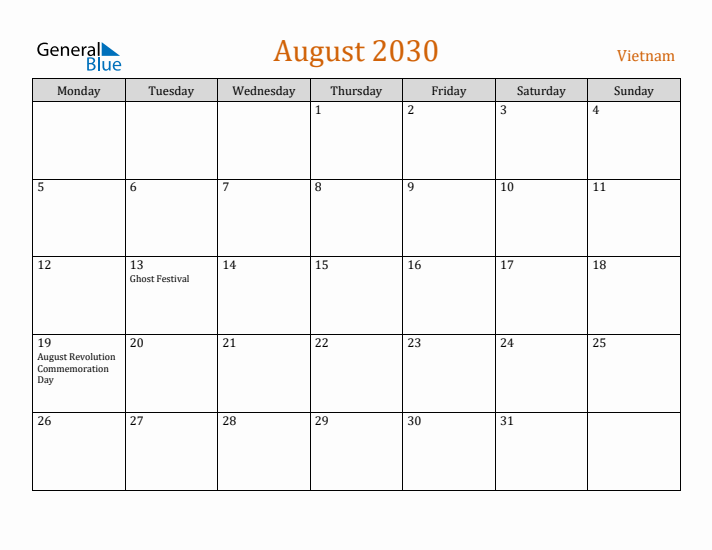 August 2030 Holiday Calendar with Monday Start