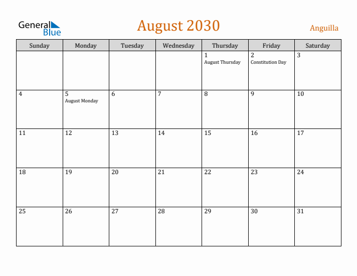 August 2030 Holiday Calendar with Sunday Start