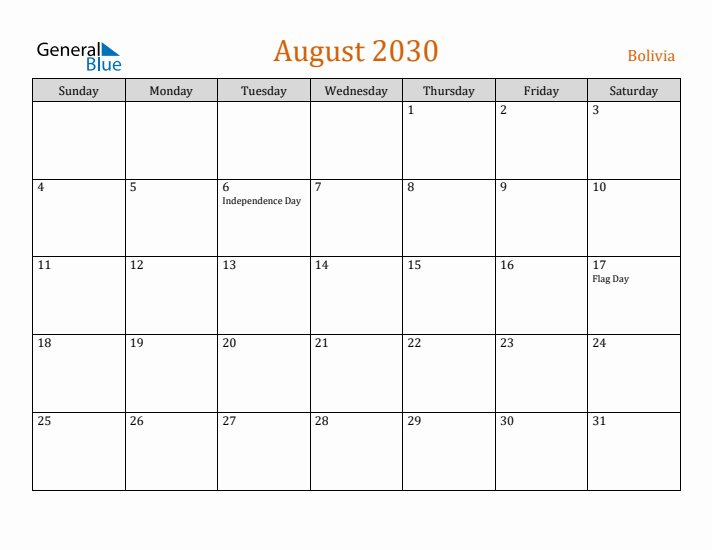 August 2030 Holiday Calendar with Sunday Start