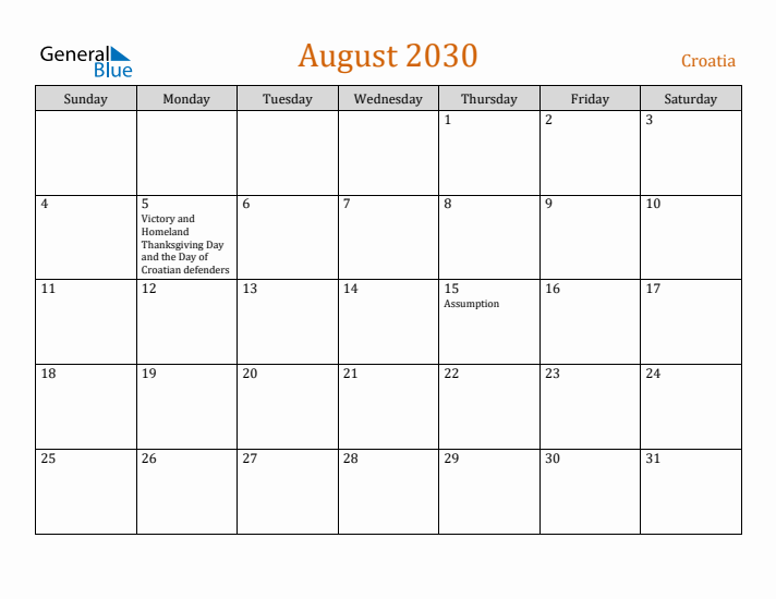 August 2030 Holiday Calendar with Sunday Start