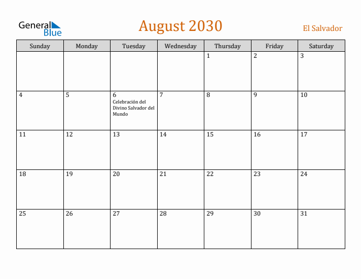 August 2030 Holiday Calendar with Sunday Start