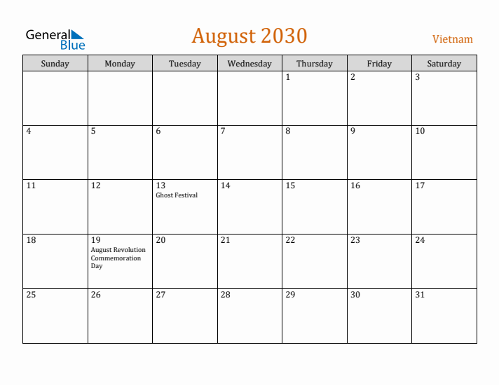 August 2030 Holiday Calendar with Sunday Start