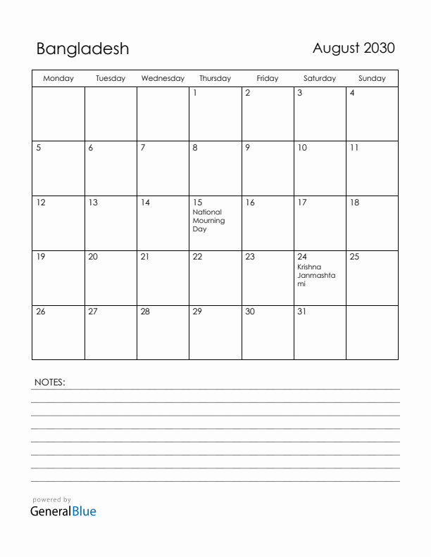 August 2030 Bangladesh Calendar with Holidays (Monday Start)