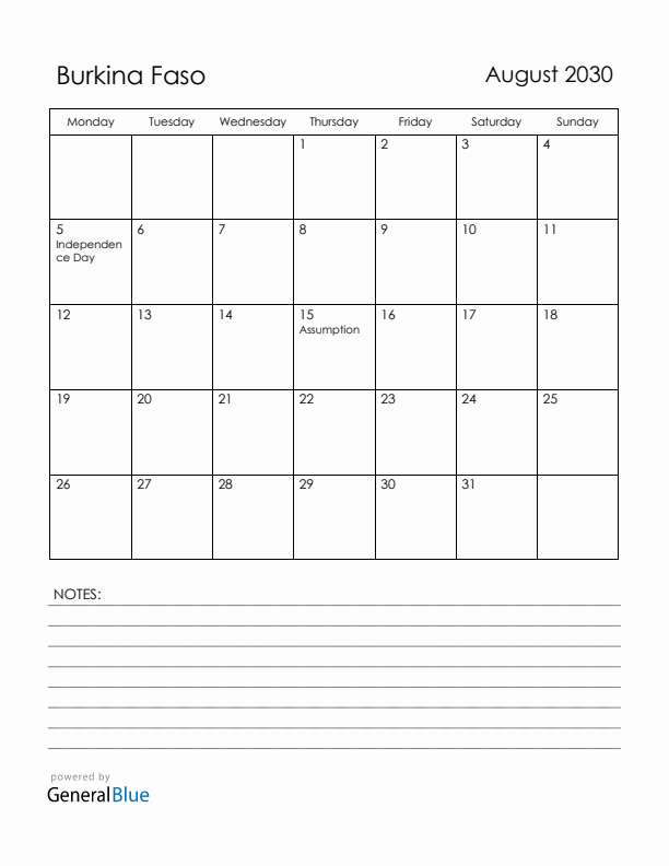 August 2030 Burkina Faso Calendar with Holidays (Monday Start)