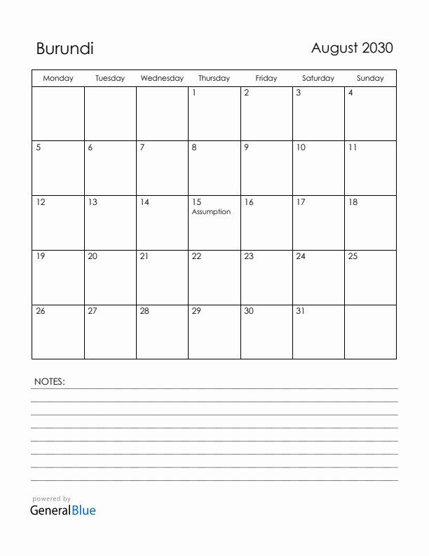 August 2030 Burundi Calendar with Holidays (Monday Start)