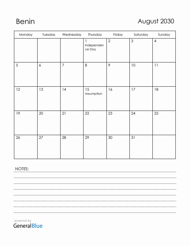 August 2030 Benin Calendar with Holidays (Monday Start)