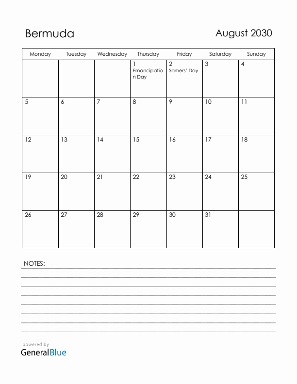 August 2030 Bermuda Calendar with Holidays (Monday Start)
