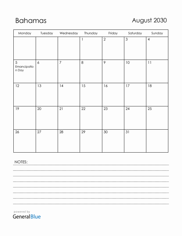 August 2030 Bahamas Calendar with Holidays (Monday Start)