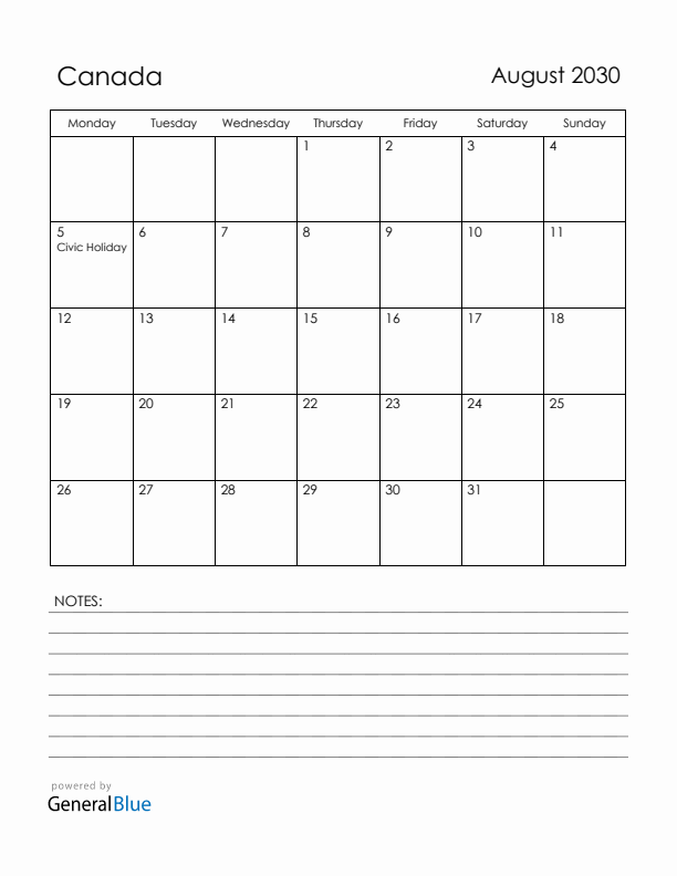 August 2030 Canada Calendar with Holidays (Monday Start)