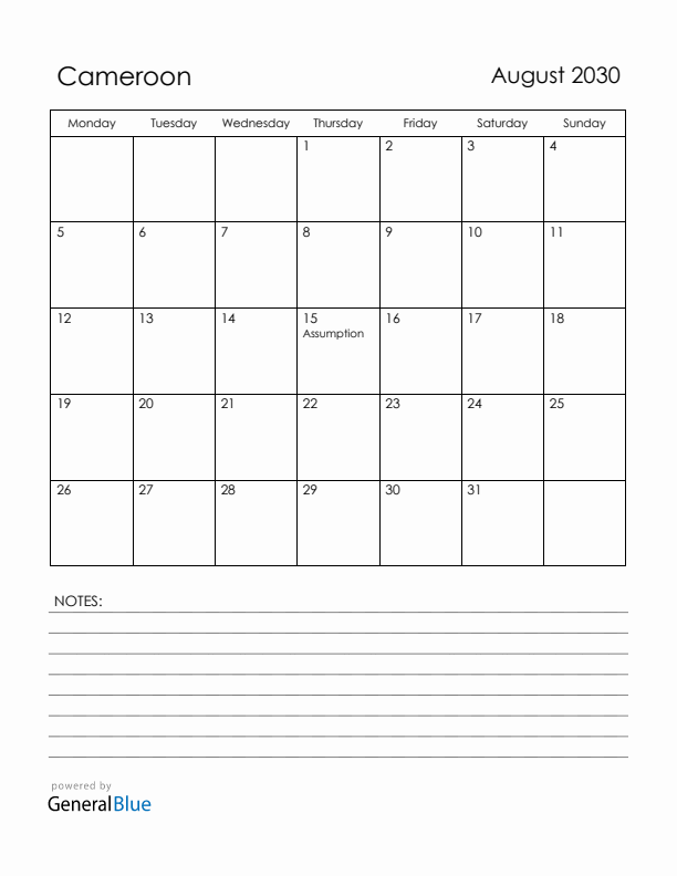 August 2030 Cameroon Calendar with Holidays (Monday Start)