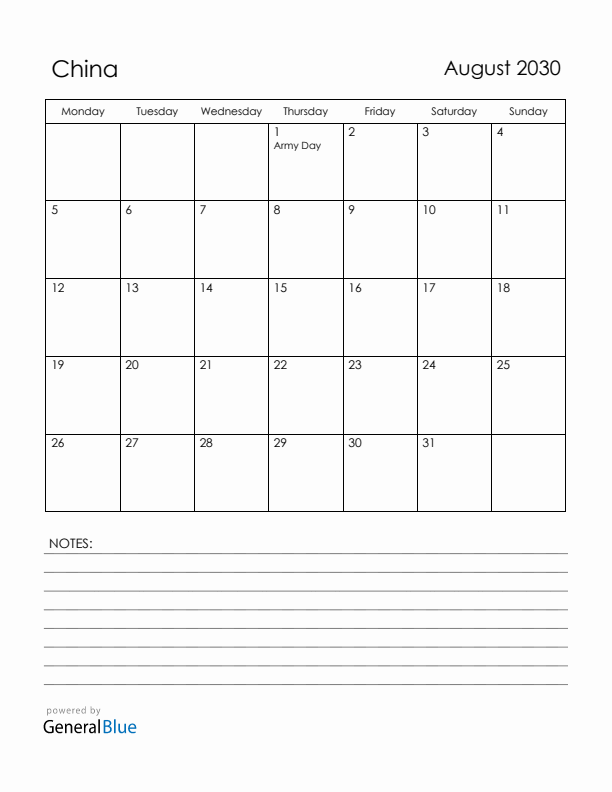 August 2030 China Calendar with Holidays (Monday Start)