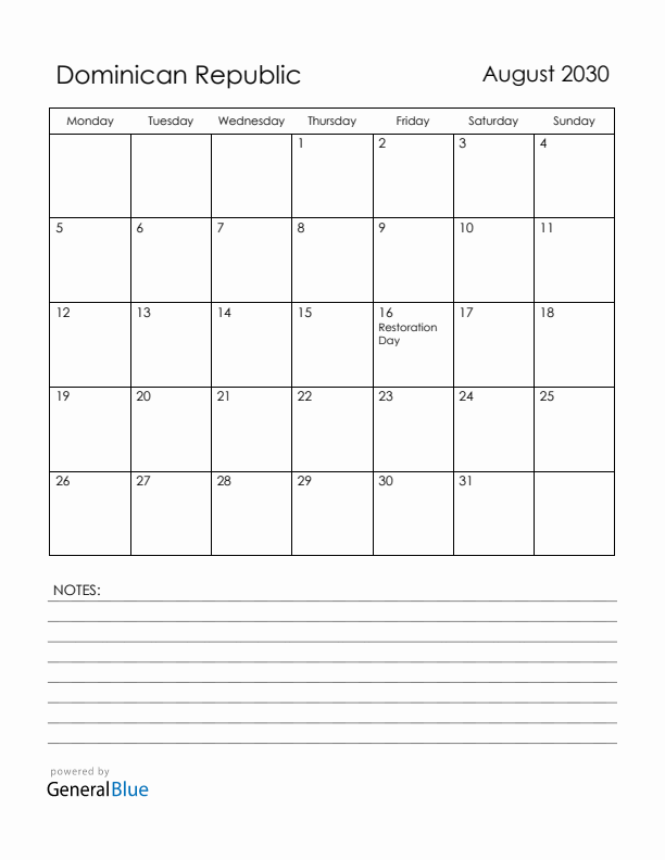 August 2030 Dominican Republic Calendar with Holidays (Monday Start)