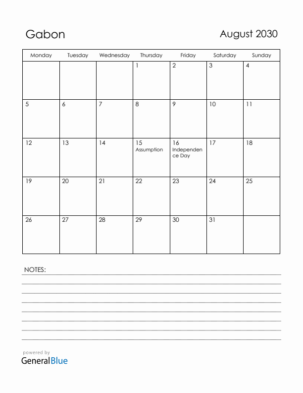 August 2030 Gabon Calendar with Holidays (Monday Start)