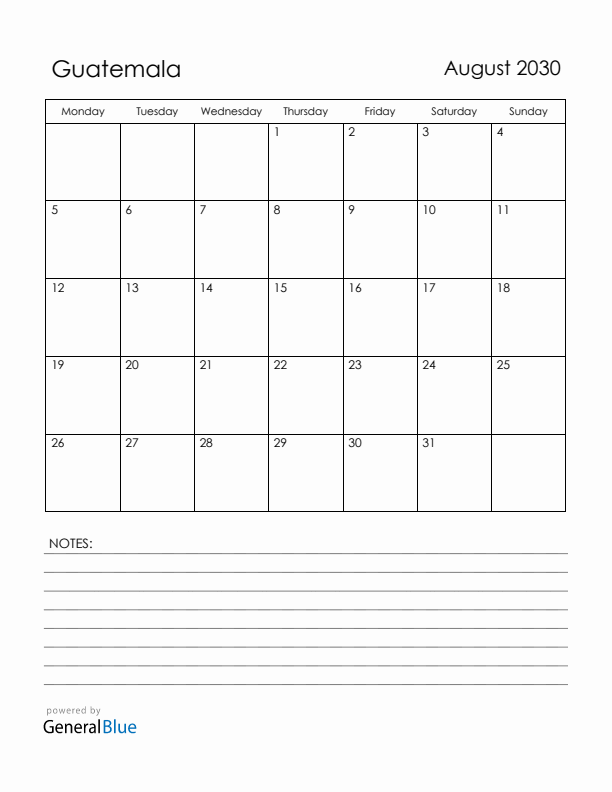 August 2030 Guatemala Calendar with Holidays (Monday Start)