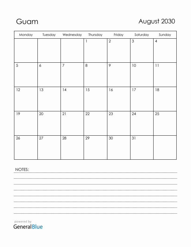 August 2030 Guam Calendar with Holidays (Monday Start)