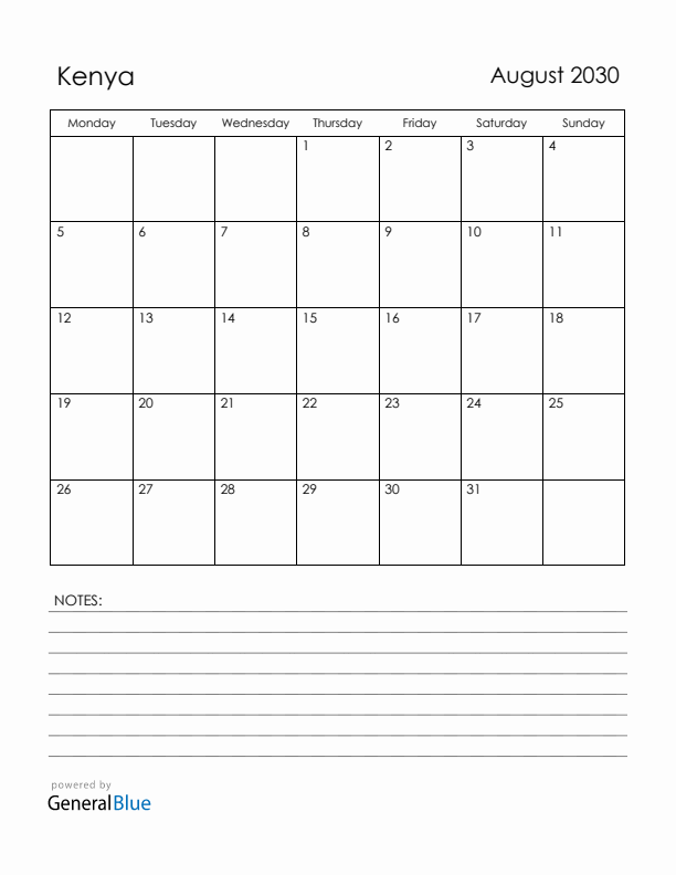 August 2030 Kenya Calendar with Holidays (Monday Start)
