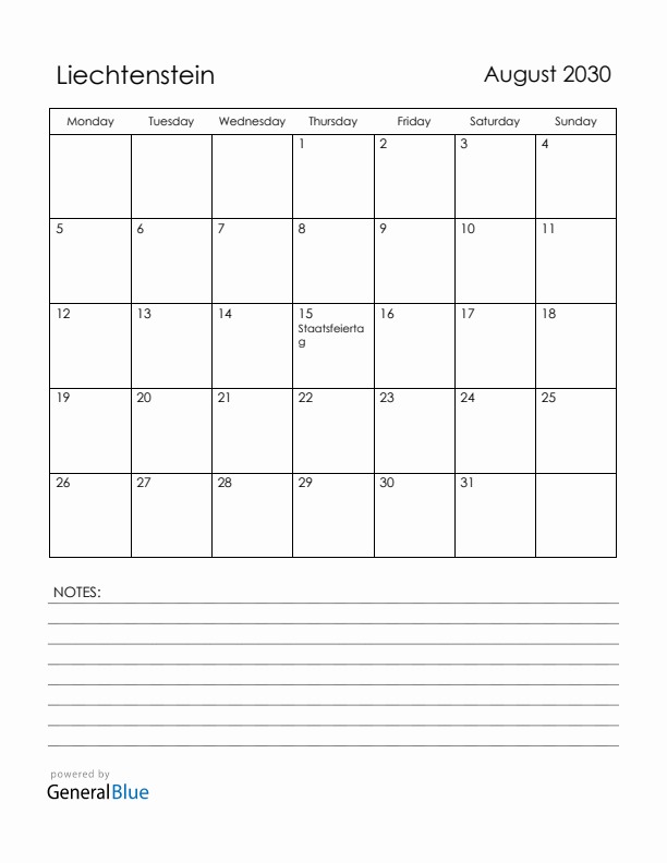 August 2030 Liechtenstein Calendar with Holidays (Monday Start)