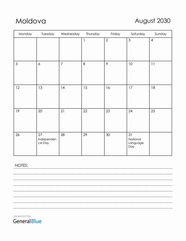 August 2030 Moldova Calendar with Holidays (Monday Start)