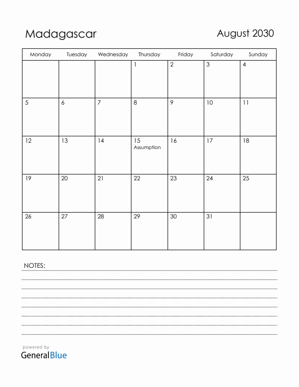 August 2030 Madagascar Calendar with Holidays (Monday Start)