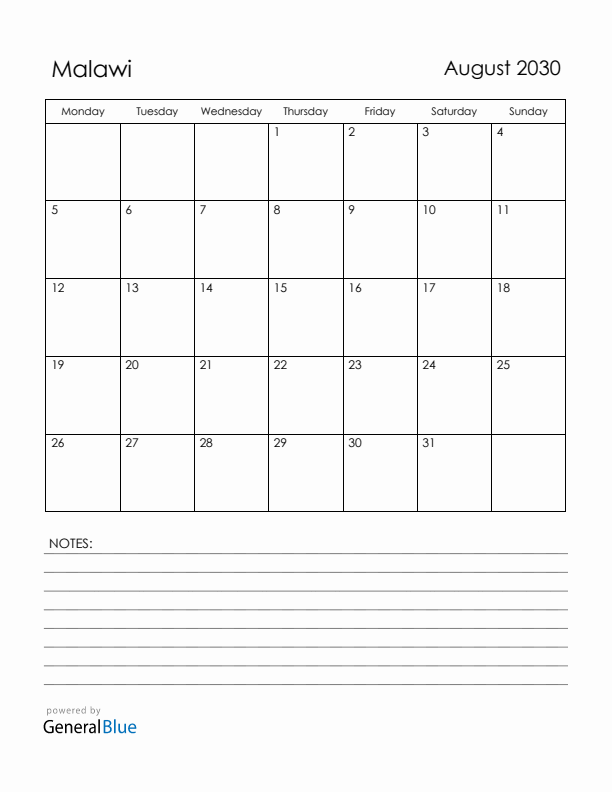 August 2030 Malawi Calendar with Holidays (Monday Start)