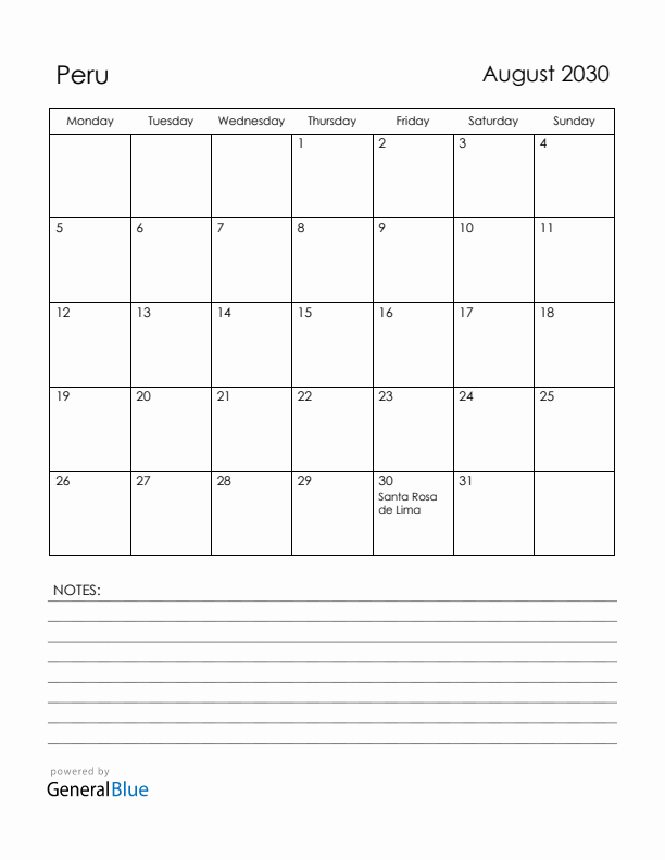 August 2030 Peru Calendar with Holidays (Monday Start)