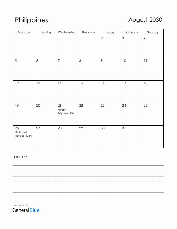 August 2030 Philippines Calendar with Holidays (Monday Start)