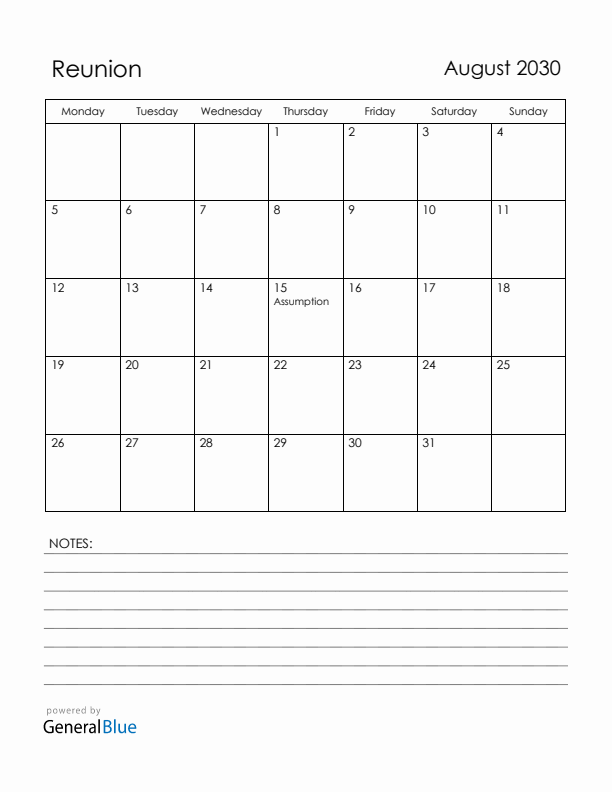 August 2030 Reunion Calendar with Holidays (Monday Start)