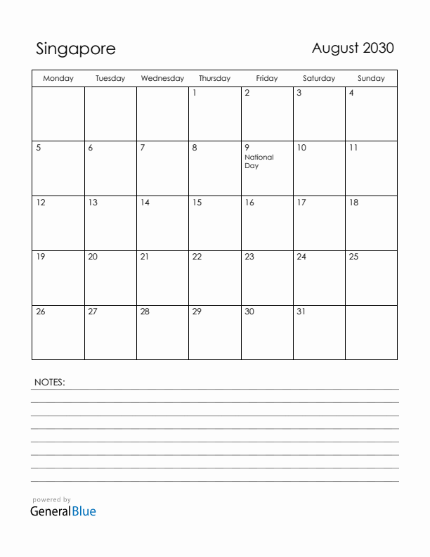 August 2030 Singapore Calendar with Holidays (Monday Start)