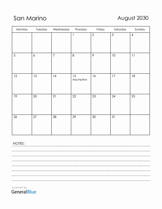 August 2030 San Marino Calendar with Holidays (Monday Start)