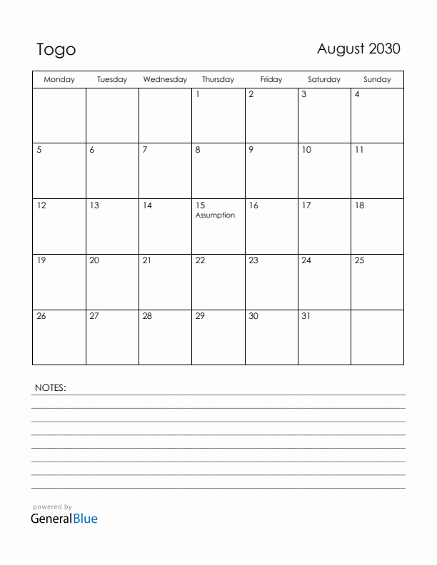 August 2030 Togo Calendar with Holidays (Monday Start)