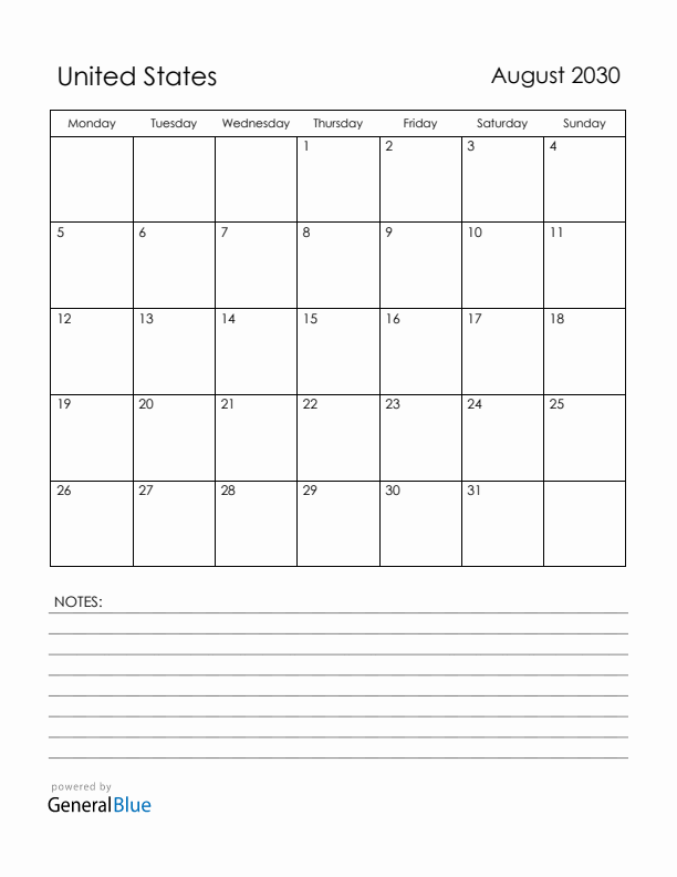 August 2030 United States Calendar with Holidays (Monday Start)