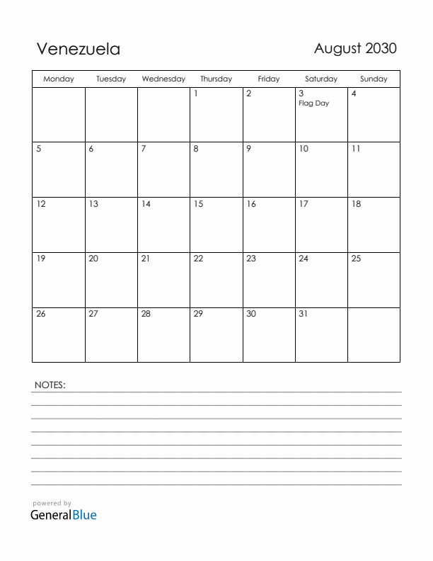 August 2030 Venezuela Calendar with Holidays (Monday Start)