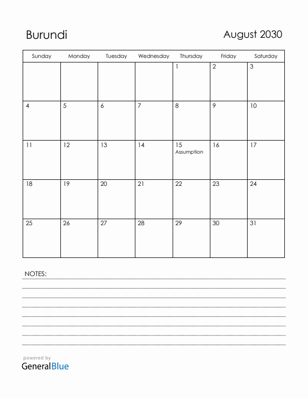 August 2030 Burundi Calendar with Holidays (Sunday Start)