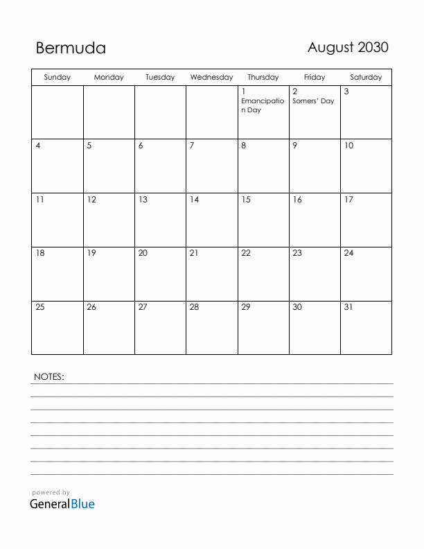 August 2030 Bermuda Calendar with Holidays (Sunday Start)