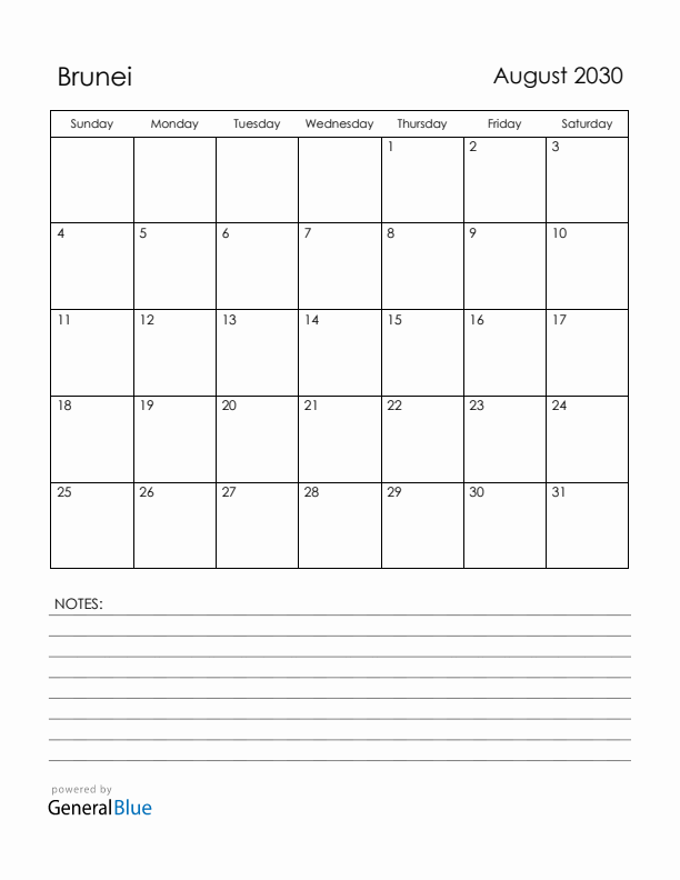 August 2030 Brunei Calendar with Holidays (Sunday Start)